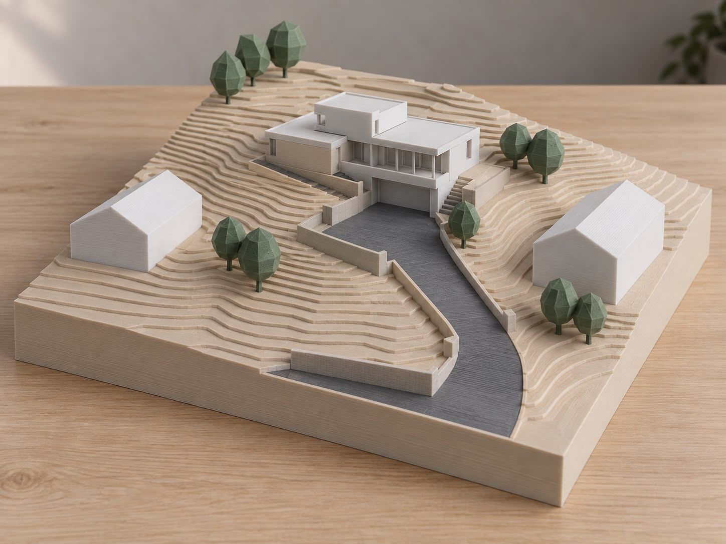 Geländemodell eines Hanggrundstücks mit Höhenschichten, modernem Neubau, Zufahrt und Nachbargebäuden